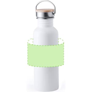 A drink bottle in white with a silver cap and wooden handle, featuring a blank green label area.