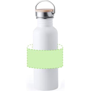A drink bottle in white with a silver lid and wooden detail, featuring a branding area.