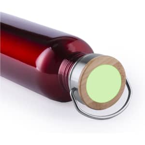 A drink bottle in deep red with a stainless steel cap and a wooden accent. Features a logo on the cap.