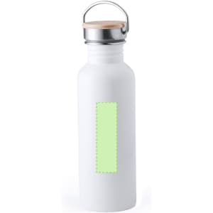 A drink bottle in white with a wooden lid and a green label area. It features a silver cap and has a logo.