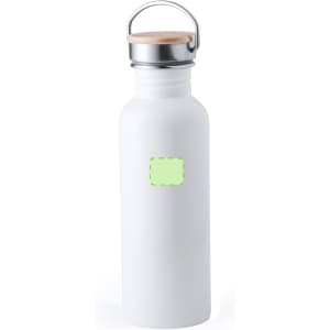 A drink bottle in white with a metal lid and a wooden handle, featuring an area for branding.