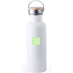 A drink bottle in matte white with a silver metal cap and a wooden handle, featuring a logo on the front.