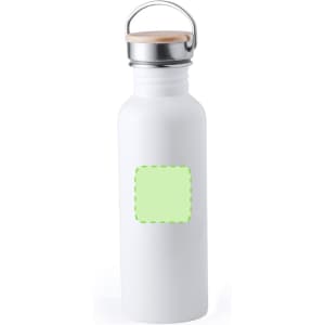 A drink bottle in white with a silver lid and wooden top, featuring a blank green label area.