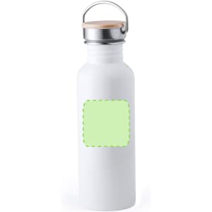 A drink bottle in white with a metal lid and wooden top. It features a blank area for custom branding.