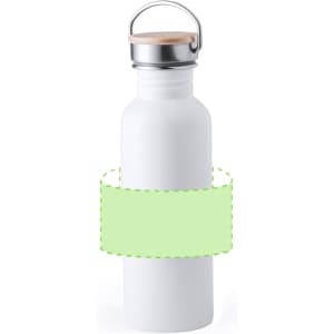 A drink bottle featuring a white body, a metal lid, and a wooden accent. It has a blank label around its middle.