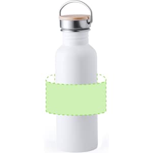 A drink bottle in white with a metal cap and wooden accent, featuring a branding logo.