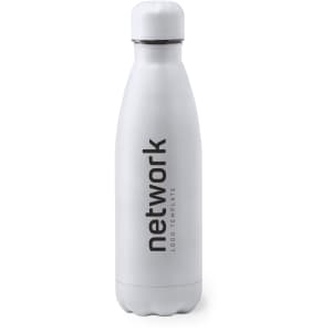 A drink bottle in white with a sleek design and a logo printed on the side.