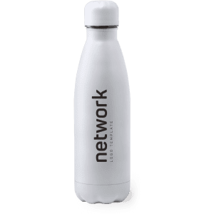 A drink bottle in white with a narrow design and a silver rim at the top, featuring a logo.