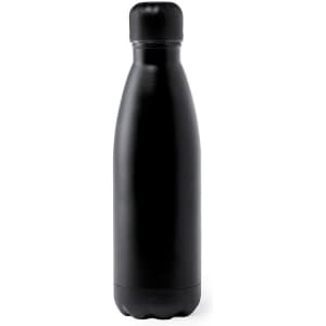 A drink bottle in matte black, featuring a sleek design and a rounded cap, with a branded logo.