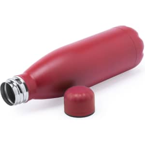 A red drink bottle with a sleek design and a silver neck, featuring a removable cap.