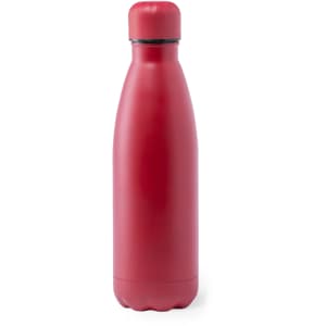 A drink bottle in a sleek red design with a rounded shape and a screw-top lid. It features a logo.