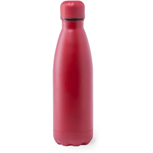 A drink bottle in bright red, featuring a sleek design and a fitted cap. It includes a logo.