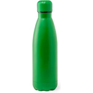 A green drink bottle with a sleek design and a screw top lid, featuring a branding logo.
