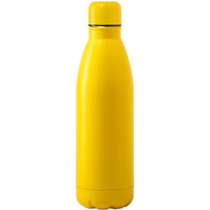 A drink bottle in bright yellow with a sleek design and a metallic lid. It features a logo on the surface.