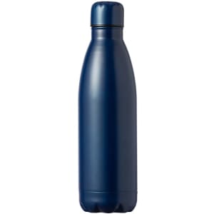 A drink bottle in navy blue with a sleek, curved design and a matching lid. It features a logo.