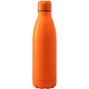A drink bottle in bright orange with a sleek, cylindrical design and a stainless steel lid. Features a logo on it.