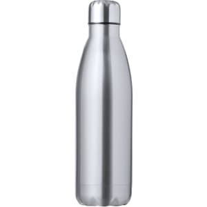 A stainless steel drink bottle with a sleek, silver finish and a rounded top. It features a logo on the side.