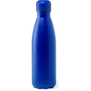 A drink bottle in a vibrant blue colour with a rounded top and a sleek, contoured shape. Features a logo on the side.