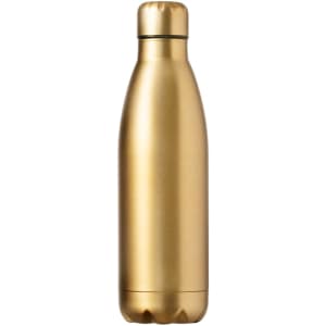 A drink bottle in a sleek gold finish with a rounded shape and a screw-top lid; features a logo.