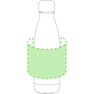 A drink bottle features a sleek design with a green sleeve. It includes a logo on the bottle.