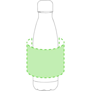 A drink bottle with a light green sleeve and a logo, featuring a screw-top lid.