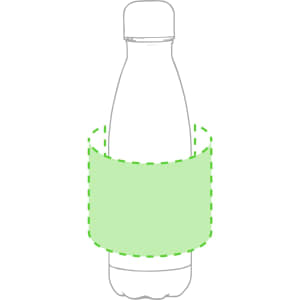 A drink bottle with a green sleeve, featuring a logo. The bottle has a classic design and a secure lid.