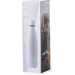 A drink bottle in a white finish, displayed in a box featuring an image of a person outdoors. The bottle has a logo.