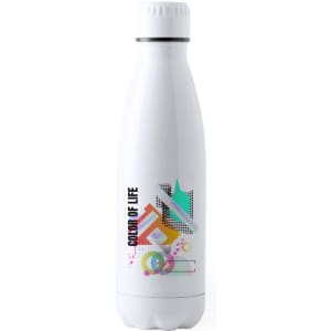 A white drink bottle with a vibrant, multi-coloured design and a logo on the side.