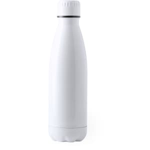 A drink bottle in white, featuring a smooth design with a silver accent and holding a logo.