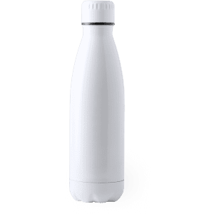 A drink bottle in sleek white with a silver accent and a screw-top lid, featuring a logo.