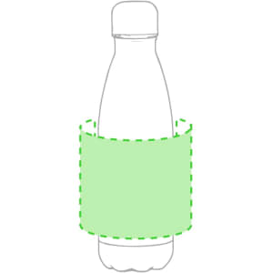 A drink bottle with a cylindrical shape and a light green sleeve, featuring a logo.