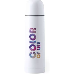 A drink bottle in white with a colourful design and a logo, featuring a sleek, modern shape.