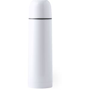 A drink bottle with a sleek white design and a black band, featuring a rounded cap and a logo.
