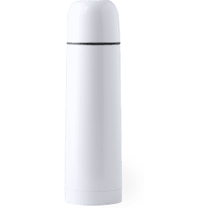 A drink bottle featuring a sleek design in white, with a black stripe and a logo. It is a vacuum flask.