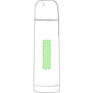 A drink bottle in stainless steel with a green highlight, featuring a logo on the side.