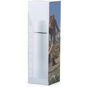 A drink bottle in a white finish, packaged in a box featuring an image of a person outdoors. The flask has a sleek design and a logo.