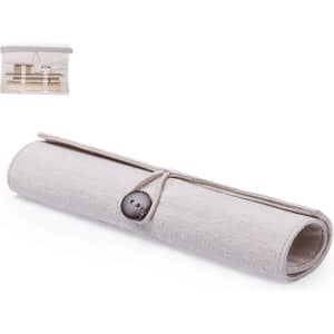 A beige pencil case with a button closure, featuring a rolled design and a fabric texture. It has a logo on it.