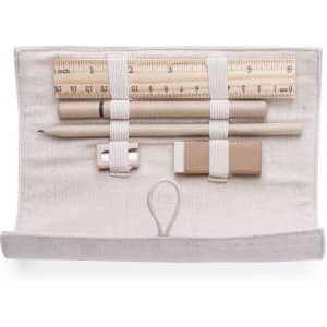 A pencil case in light beige, containing pens, a ruler, a pencil, an eraser, and a paper clip. Features an inner elastic design.