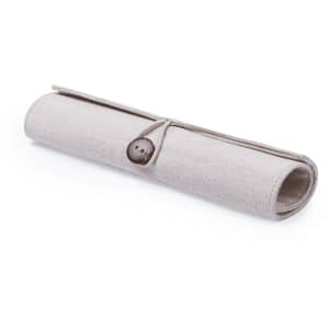 A rolled pencil case in a light beige colour, secured with a button closure. It features a simple, minimalistic design.