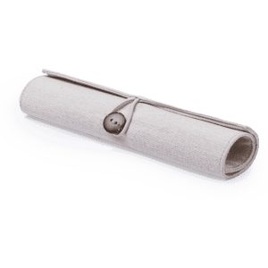 A pencil case in a soft beige fabric, featuring a button closure and rolled-up design.