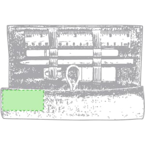 A grey pencil case with various compartments for pens and a space for a label or branding.