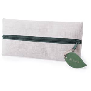 A grey pencil case with a dark green zipper and a leaf-shaped tag, featuring a logo.