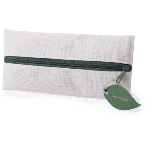 A grey canvas pencil case with a dark green zipper and a leaf-shaped tag.