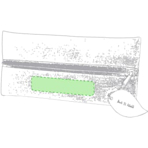 A grey pencil case with a green accent and a zipper, featuring a small hanging tag.