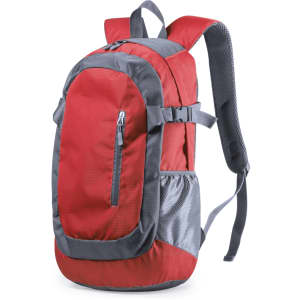 A red and grey backpack with multiple pockets, padded straps, and mesh detailing. It features a logo.