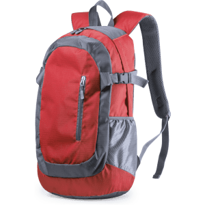 A red and grey backpack with padded straps and multiple compartments, featuring a logo on the front.