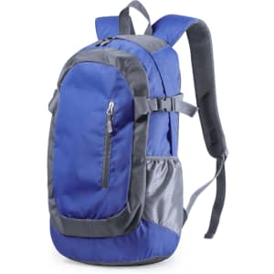 A blue and grey backpack with adjustable straps, a front pocket, and a side mesh pocket.