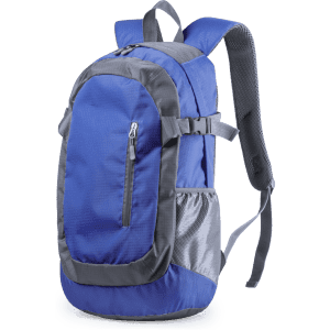 A blue and grey backpack featuring adjustable straps and a front zip pocket, along with a mesh side pocket.