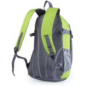 A grey and lime green backpack with padded straps and mesh detailing. It features a side pocket and has a logo.
