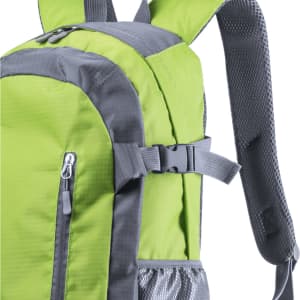 A green and grey backpack featuring padded straps and a side pocket, with a buckle detail.